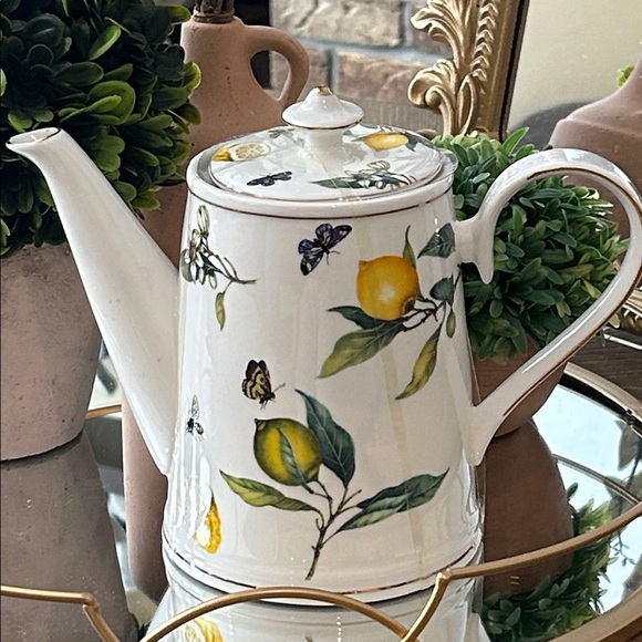 NEW! Cottage Lemon & Butterfly Honey Bee Fine Porcelain Tea Pot